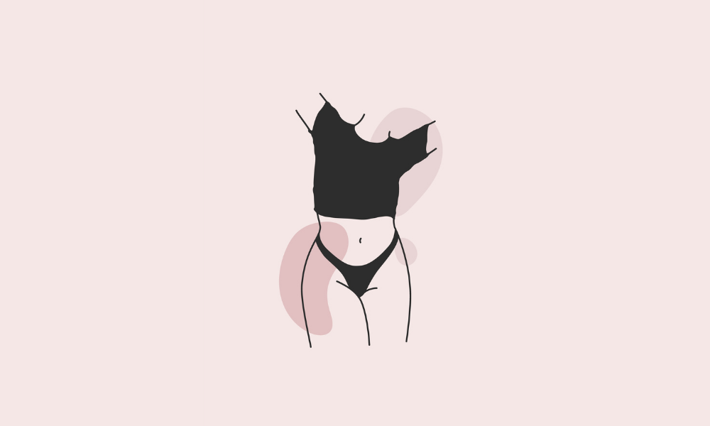 Illustration minimaliste d’un corps féminin en lingerie noire sur fond rose, servant d’image de couverture pour un article érotique.