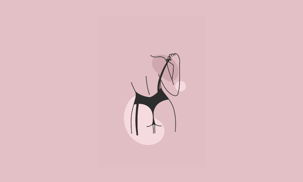 Illustration érotique minimaliste d’une femme en lingerie noire, tirant sur sa bretelle dans un geste sensuel