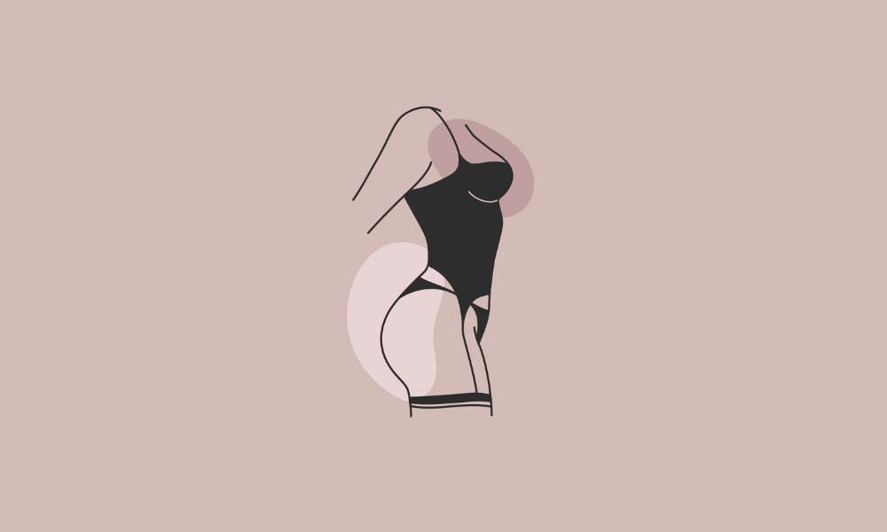 Dessin minimaliste d’une femme en lingerie noire sensuelle, associé aux plaisirs intimes et aux positions de masturbation.