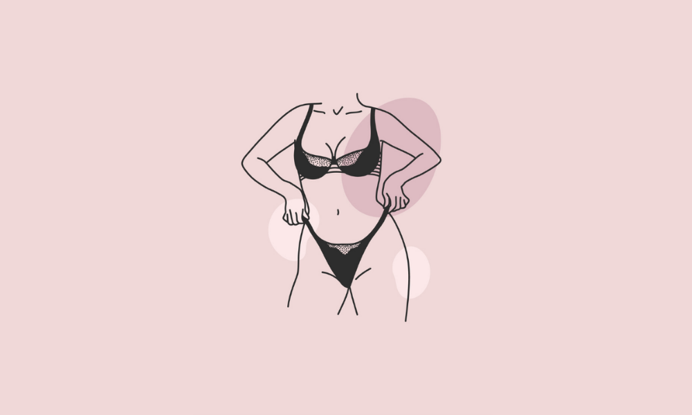 Illustration d’une femme en lingerie noire, dans une pose suggestive, représentant la sensualité et l’exploration du corps dans le cadre du BDSM