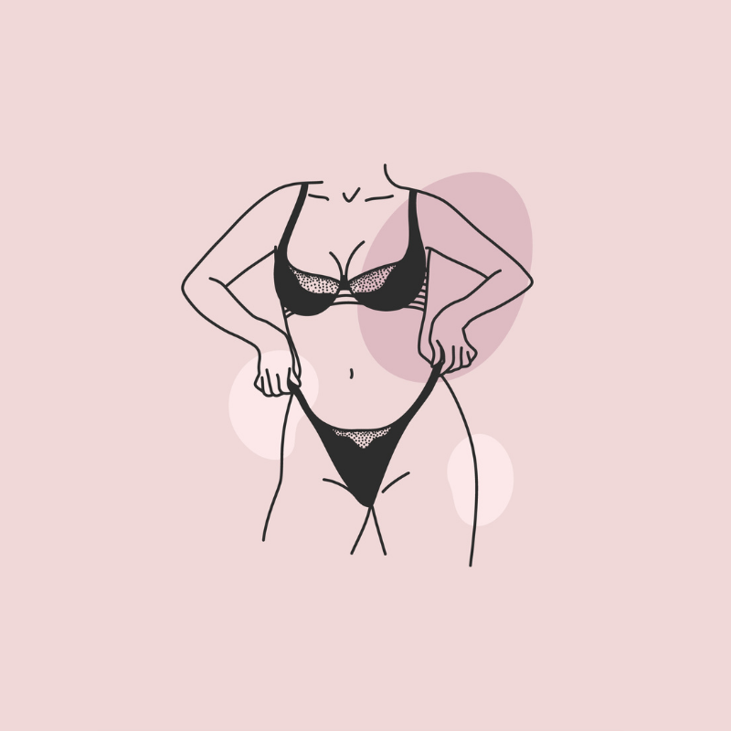Illustration d’une femme en lingerie noire, dans une pose suggestive, représentant la sensualité et l’exploration du corps dans le cadre du BDSM