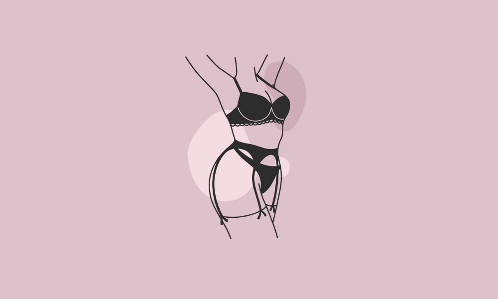 Illustration minimaliste d’une femme portant un ensemble de lingerie sexy avec soutien-gorge, culotte et porte-jarretelles sur fond rose.