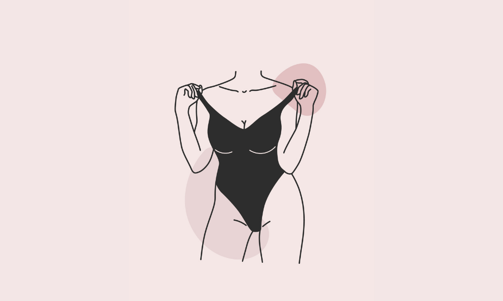 Illustration sensuelle d’une femme en body noir se préparant à un massage vaginal