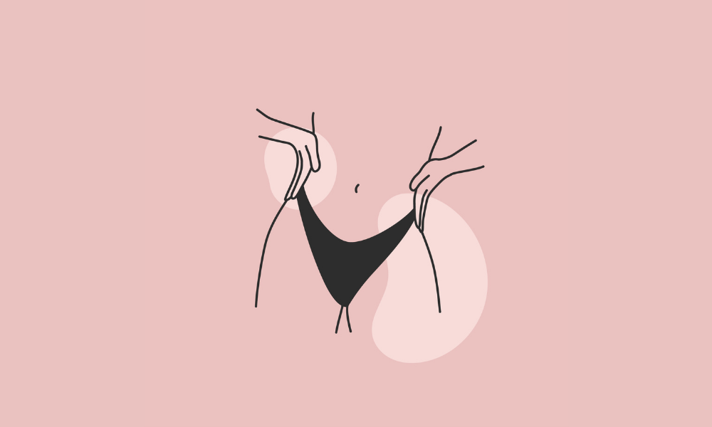 Illustration minimaliste d’une femme en lingerie, symbolisant l'exploration du plaisir prostate avec un vibromasseur wand