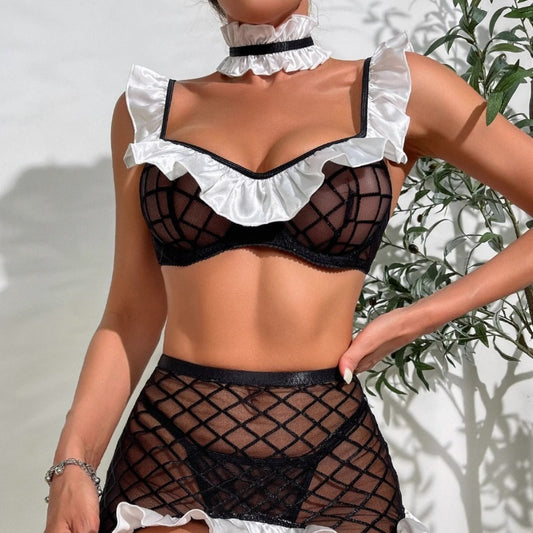 Ensemble Sexy Soubrette Noir Filet & Détails Volants Viwi