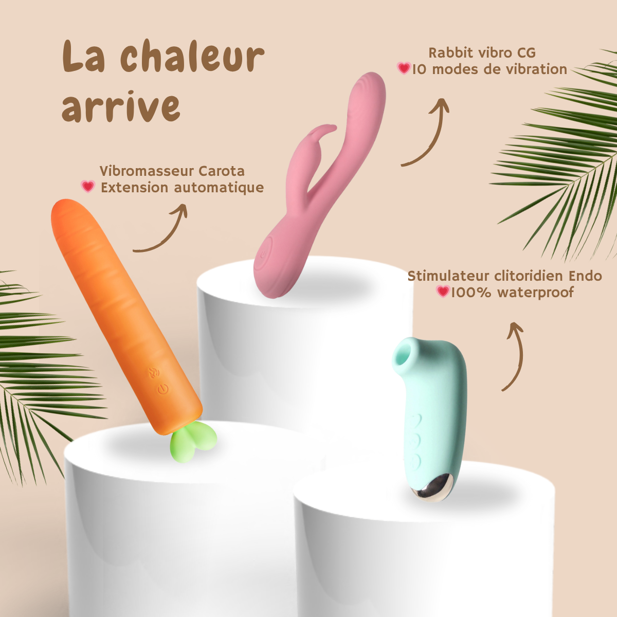 Mise en avant estivale des sextoys HappyGalaxy avec le vibromasseur Carota, le rabbit CG et le stimulateur clitoridien Endo sur socles blancs, ambiance douce et tropicale.