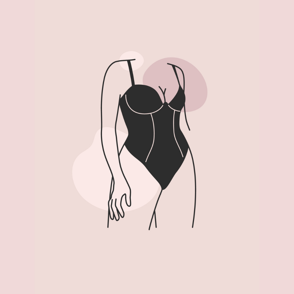 Illustration minimaliste d’un corps féminin en lingerie noire, associée à un article sur la douleur pendant rapport sexuel