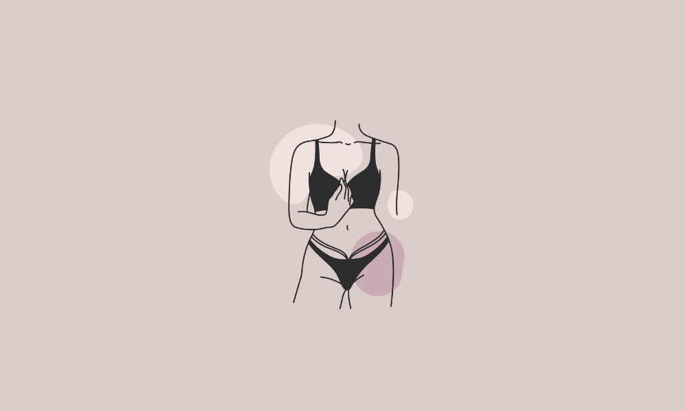 Illustration d'une femme en lingerie noire touchant son entrejambe, exprimant la sensualité et l'exploration du plaisir féminin