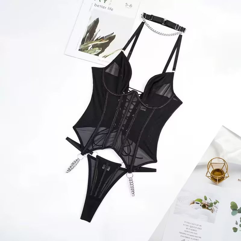Body Corset Noir Sexy Sculptant avec Chaînes Coci