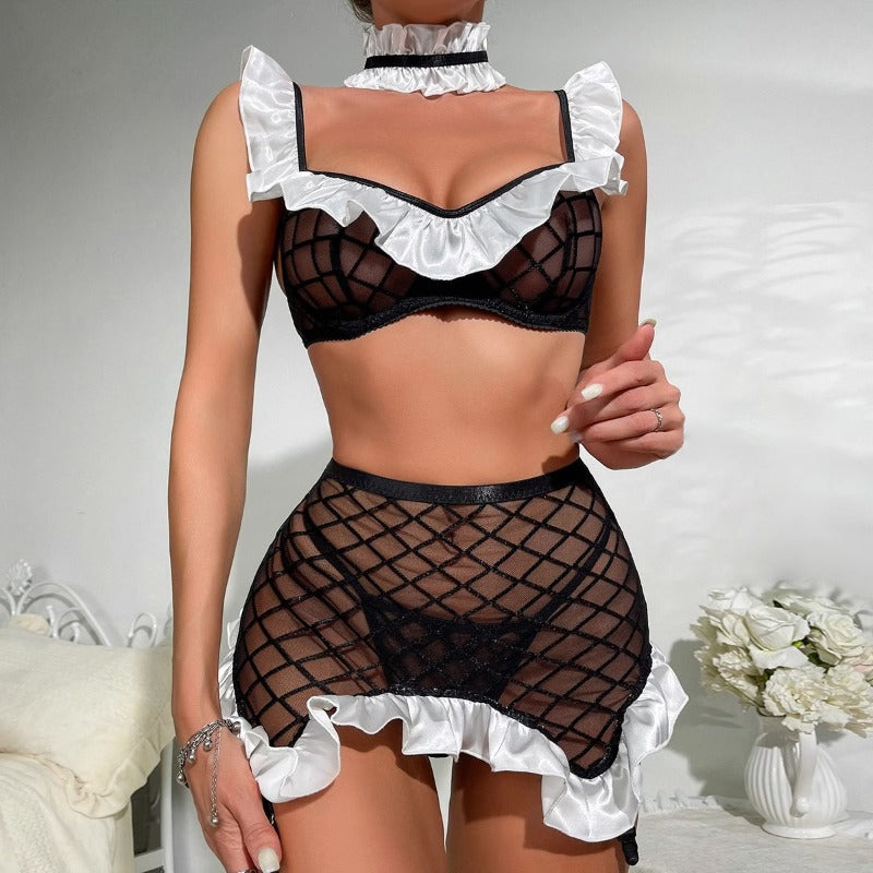Ensemble Sexy Soubrette Noir Filet & Détails Volants Viwi