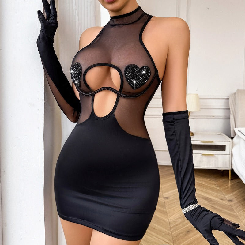 Lingerie Robe Noire avec Gants Assortis Fivi