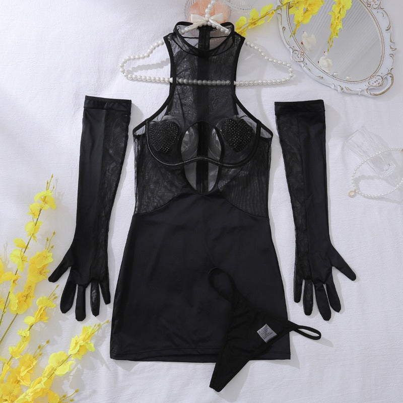 Lingerie Robe Noire avec Gants Assortis Fivi