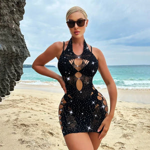 Mini Robe Résille Noire Strass Qiwi