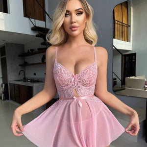Nuisette Babydoll Sexy en Dentelle Rose Tido