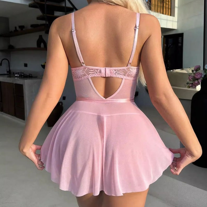 Nuisette Babydoll Sexy en Dentelle Rose Tido