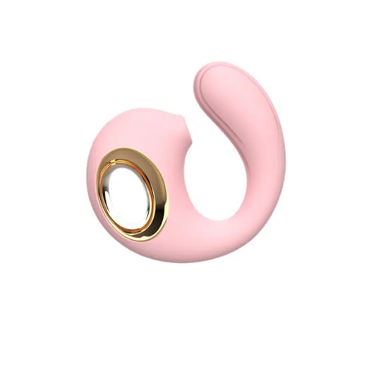 Stimulateur double Dauphin rose clair, forme incurvée et anneau doré pour une prise en main facile, proposé sur happygalaxy.