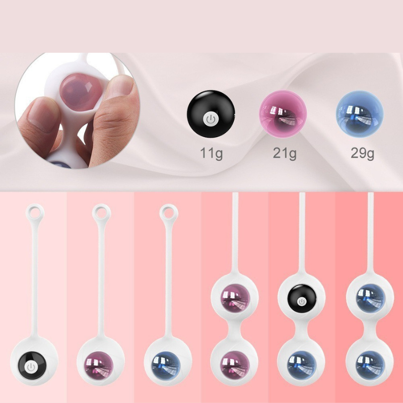 Boules de geisha avec poids progressifs (11g, 21g, 29g) pour exercices de Kegel et renforcement du périnée.