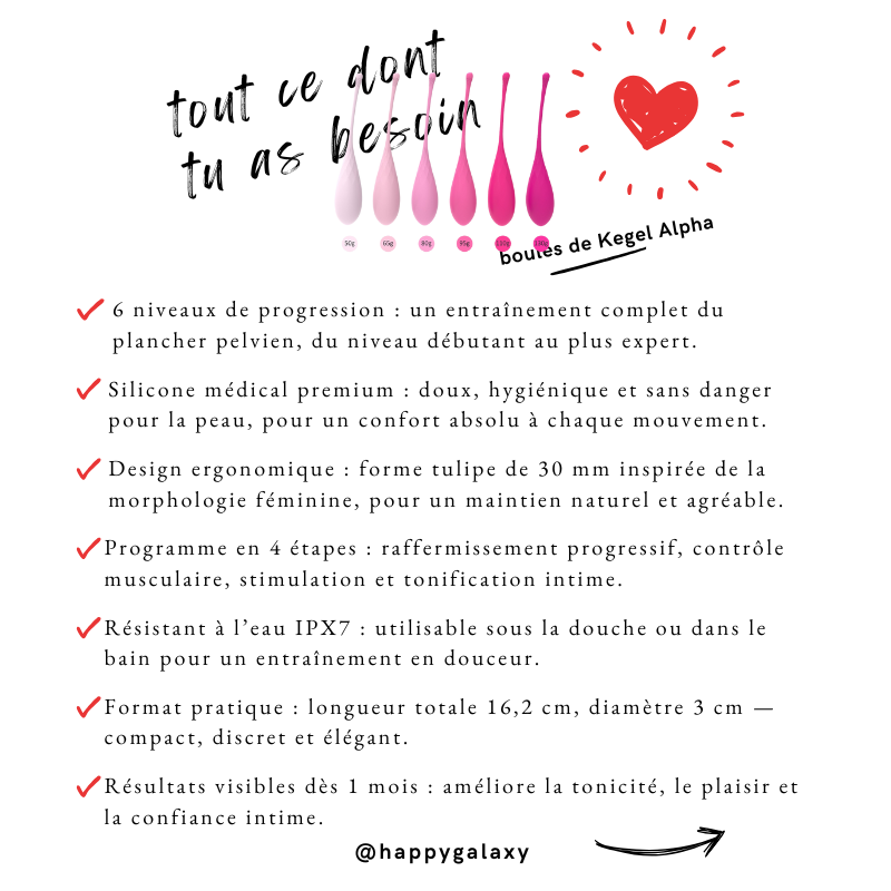 Caractéristiques du set de 6 boules de Kegel Alpha — progression en 6 niveaux, silicone médical, design ergonomique et étanchéité IPX7 pour un renforcement intime tout en douceur.