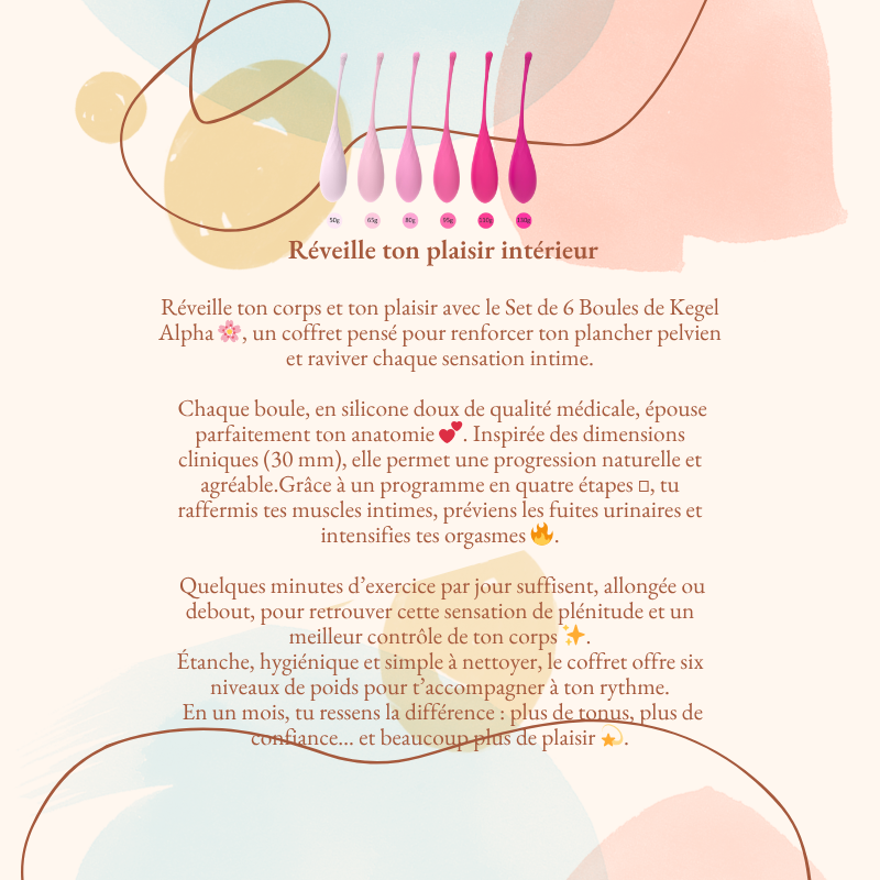 Set de 6 boules de Kegel Alpha, coffret en silicone médical pour tonifier le plancher pelvien, améliorer les sensations et renforcer le plaisir intime.