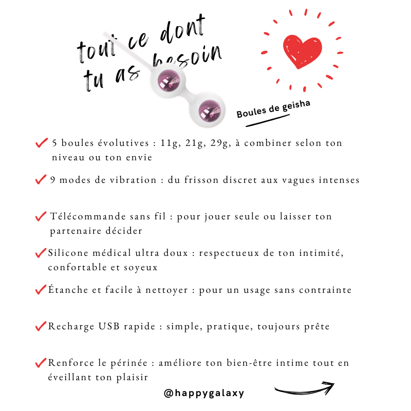 Caractéristiques des boules de geisha connectées HappyGalaxy : poids évolutifs 11g, 21g, 29g, 9 modes de vibration, télécommande sans fil, silicone médical doux, étanche et rechargeable.