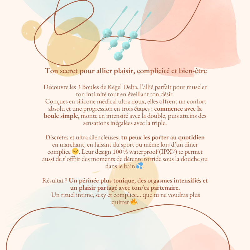 Description du produit 3 Boules de Kegel Delta : silicone médical doux, 3 étapes évolutives, discrètes, silencieuses, waterproof IPX7 et télécommande pour plaisir complice.