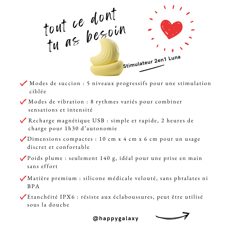 Détails techniques du stimulateur clitoridien Luna : modes, étanchéité, autonomie disponible chez happygalaxy