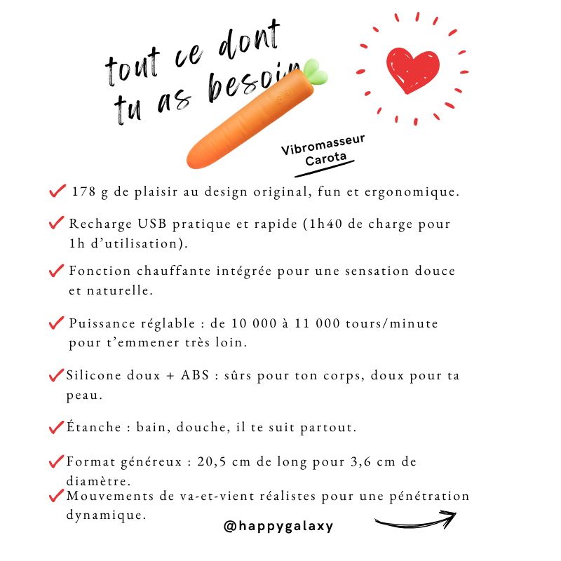 Fiche produit illustrée du vibromasseur Carota avec ses caractéristiques techniques et avantages.