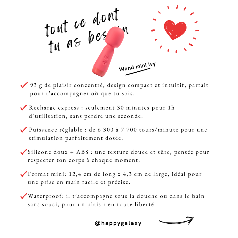 Infographie Wand Mini Ivy présentant les caractéristiques clés : compact, waterproof, rechargeable et puissant
