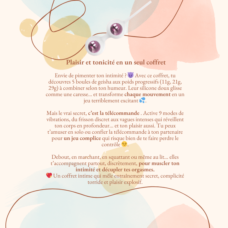 Coffret de boules de geisha vibrantes HappyGalaxy avec télécommande : 5 poids progressifs, silicone doux, 9 modes de vibration, plaisir complice et renforcement intime.