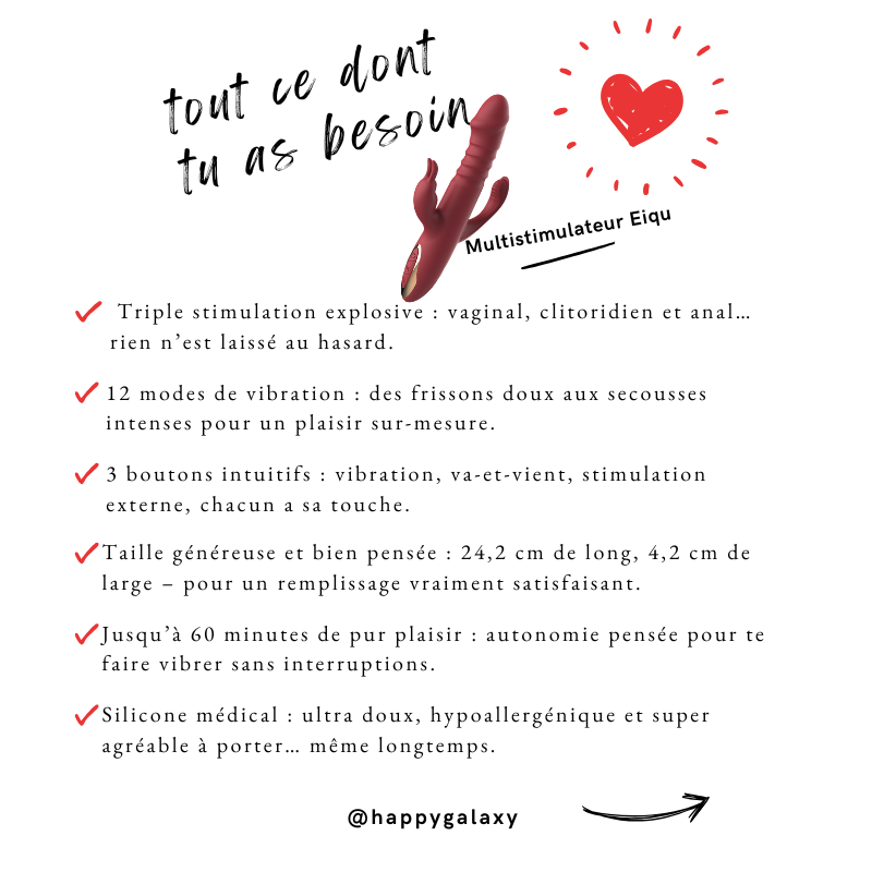 Caractéristiques du sextoy multistimulateur Eiqu avec triple stimulation vaginale, clitoridienne et anale – HappyGalaxy