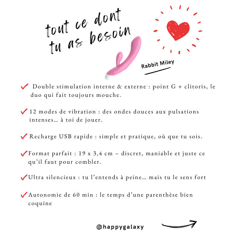 Fiche des caractéristiques du sextoy Rabbit Miley pour femme – double stimulation, silicone doux, waterproof et rechargeable – disponible sur happygalaxy.fr