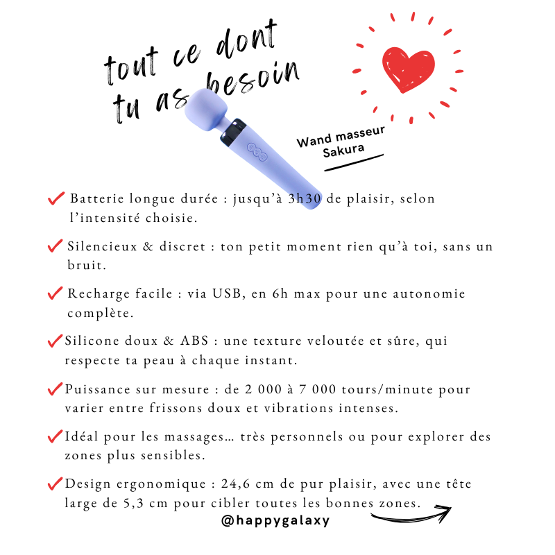 Fiche technique du wand masseur Sakura avec détails sur les vibrations, matériaux et autonomie