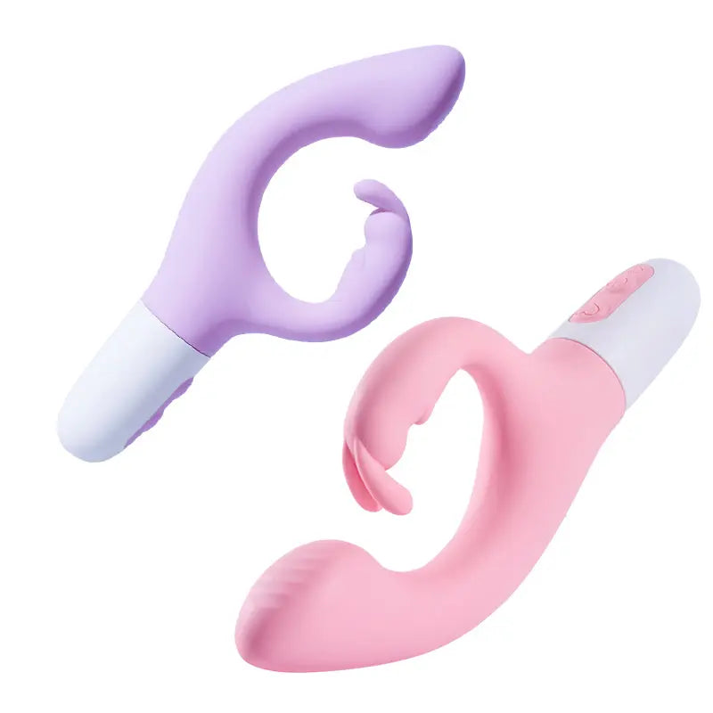 Deux stimulateurs rose et violet en suspension sur fond blanc, montrant les courbes