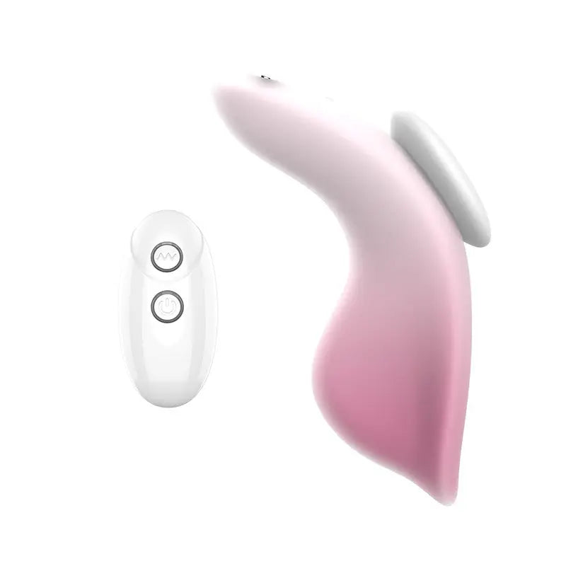 Stimulateur intime Aisha avec sa télécommande sans fil assortie, en silicone blanc et rose.