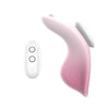 Stimulateur intime Aisha avec sa télécommande sans fil assortie, en silicone blanc et rose.