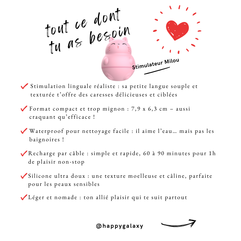 Fiche caractéristiques du stimulateur clitoridien Doudou Egg en forme de chat rose, avec stimulation langue réaliste, design mignon et texture douce – boutique HappyGalaxy