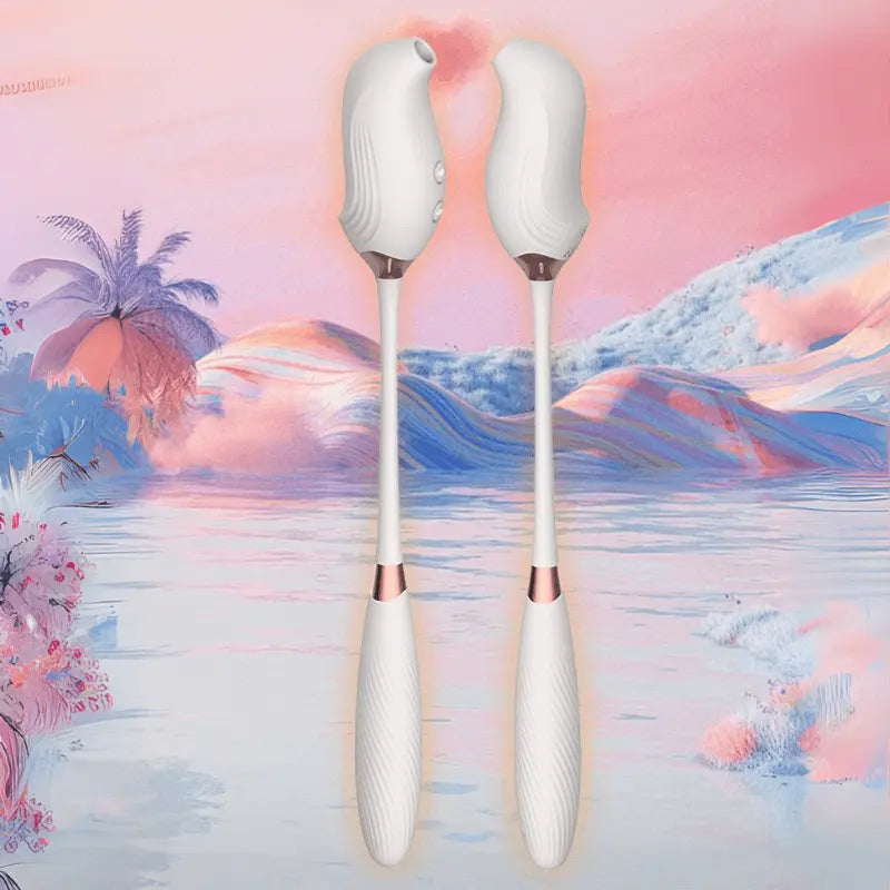Hoyo double stimulateur blanc dans un décor onirique aux tons pastel pour évoquer le plaisir