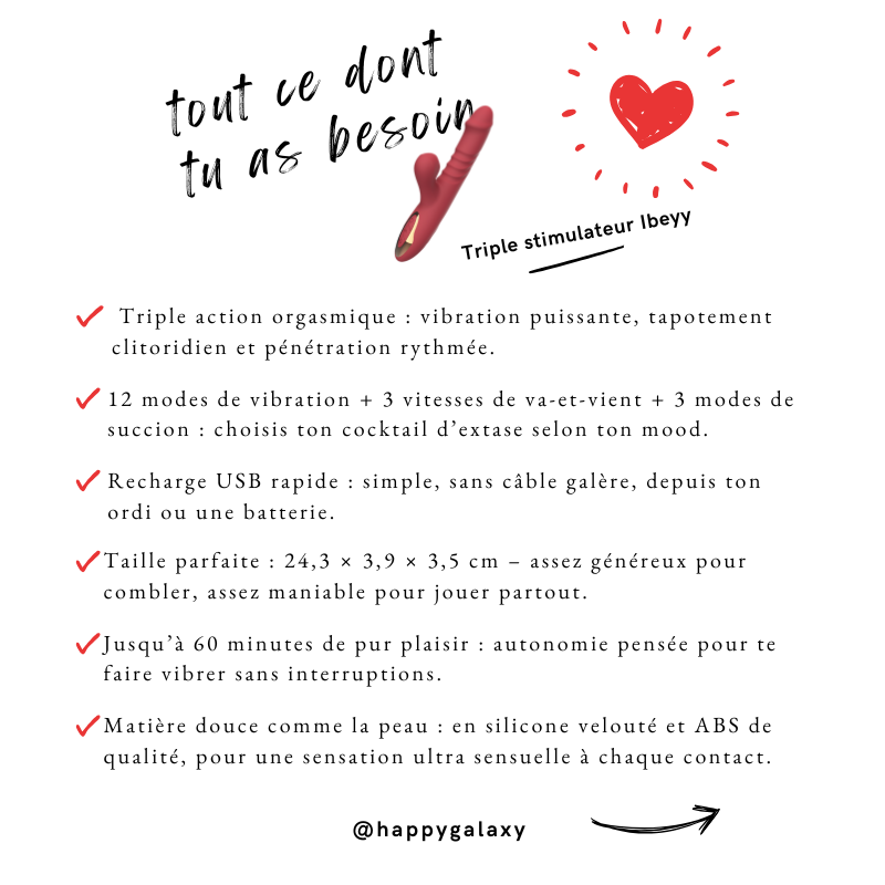 Fiche technique du Triple stimulateur Ibeyy avec détails sur les fonctions, tailles et matériaux