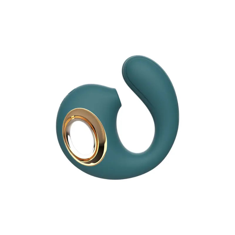Vue rapprochée du stimulateur double Dauphin vert, design ergonomique avec anneau doré, disponible sur happygalaxy.