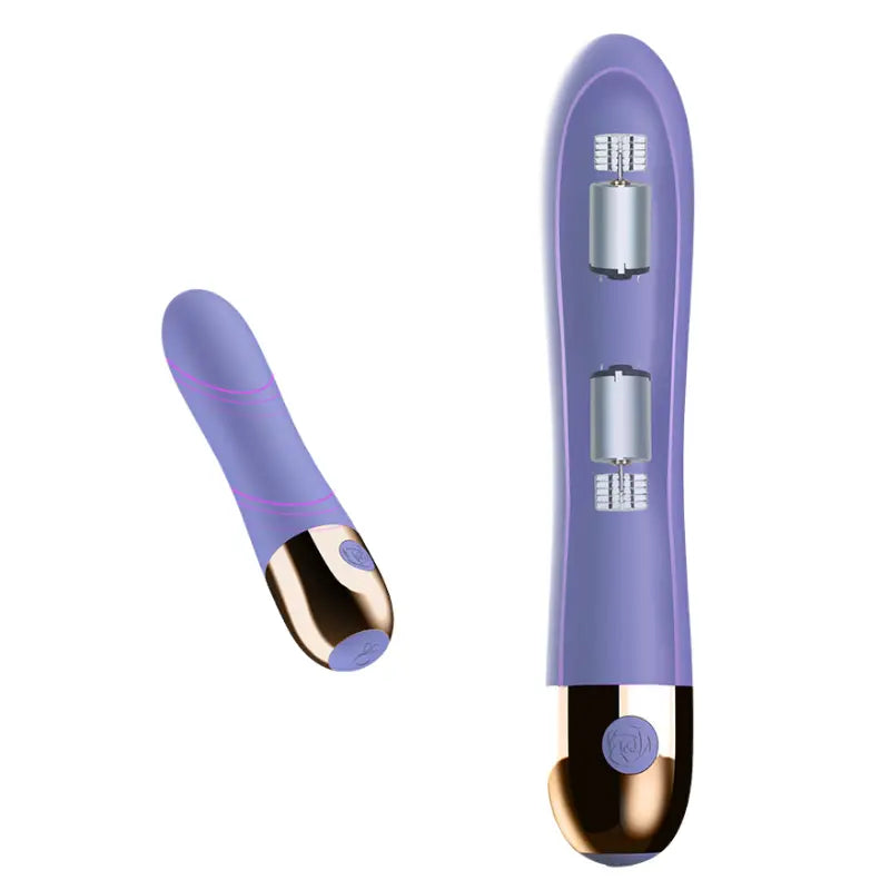 Vibromasseur violet avec moteurs visibles, illustrant la technologie double moteur pour une puissance ciblée.