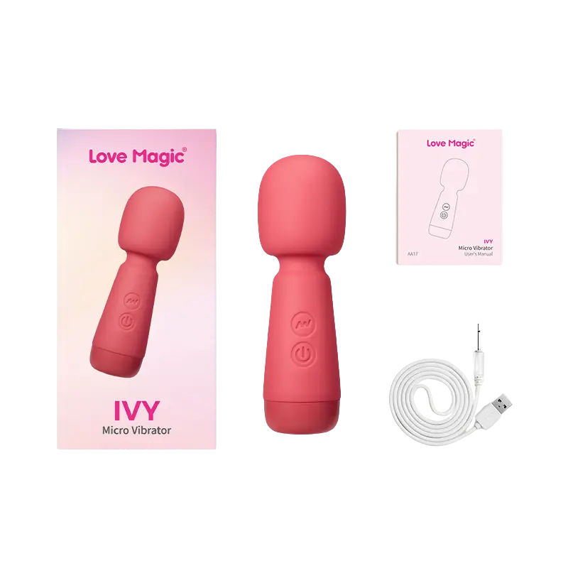 Contenu complet de la boîte du vibromasseur Wand Mini Ivy : coffret, sextoy, câble USB et notice