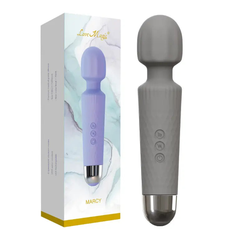 Vibromasseur wand Marcy gris avec son emballage, idéal pour le bien-être intime.