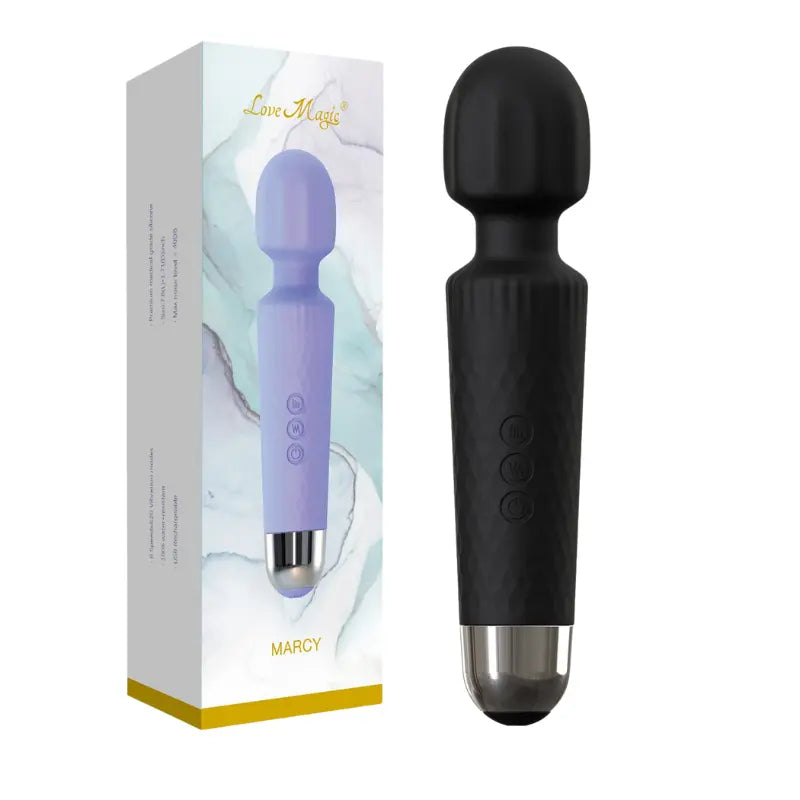 Version noire du vibromasseur Marcy avec emballage, puissant et raffiné.