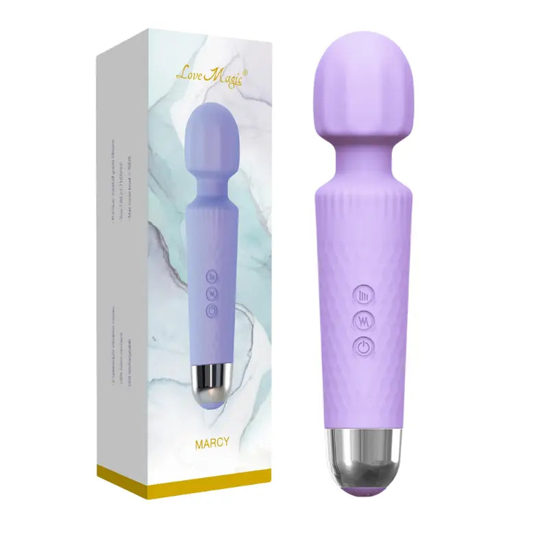 Wand violet Marcy accompagné de sa boîte élégante, pour une expérience sensorielle unique.